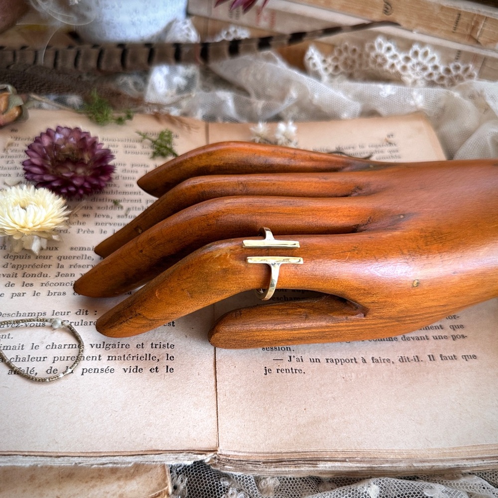 Geometric Solid Gold Brass Double Bar Adjustable Stacking Statement Ring